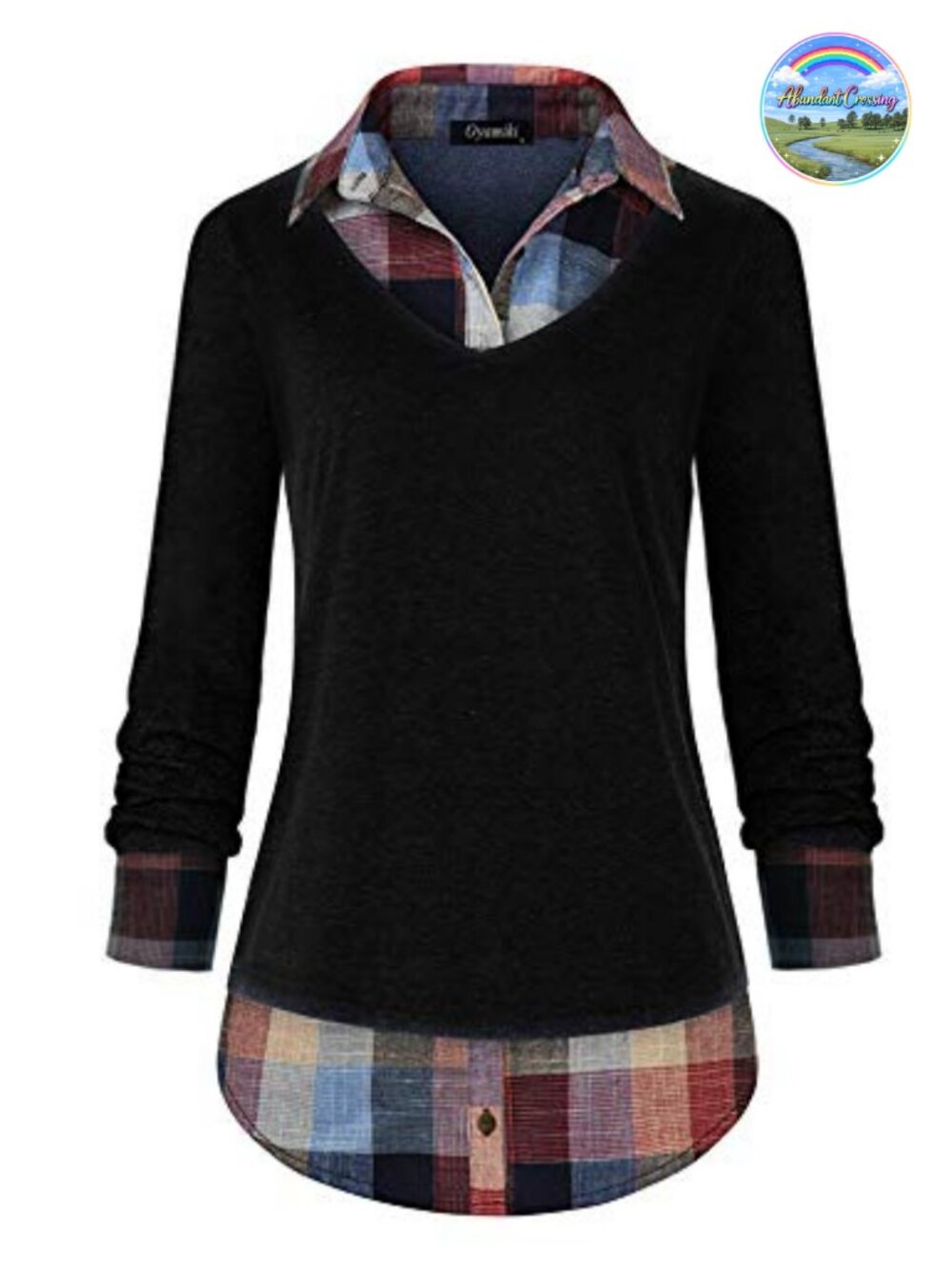 Oyamiki Women's Collared Curved Hem 2 in 1 Pullover Top Plaid Contrast Blouse